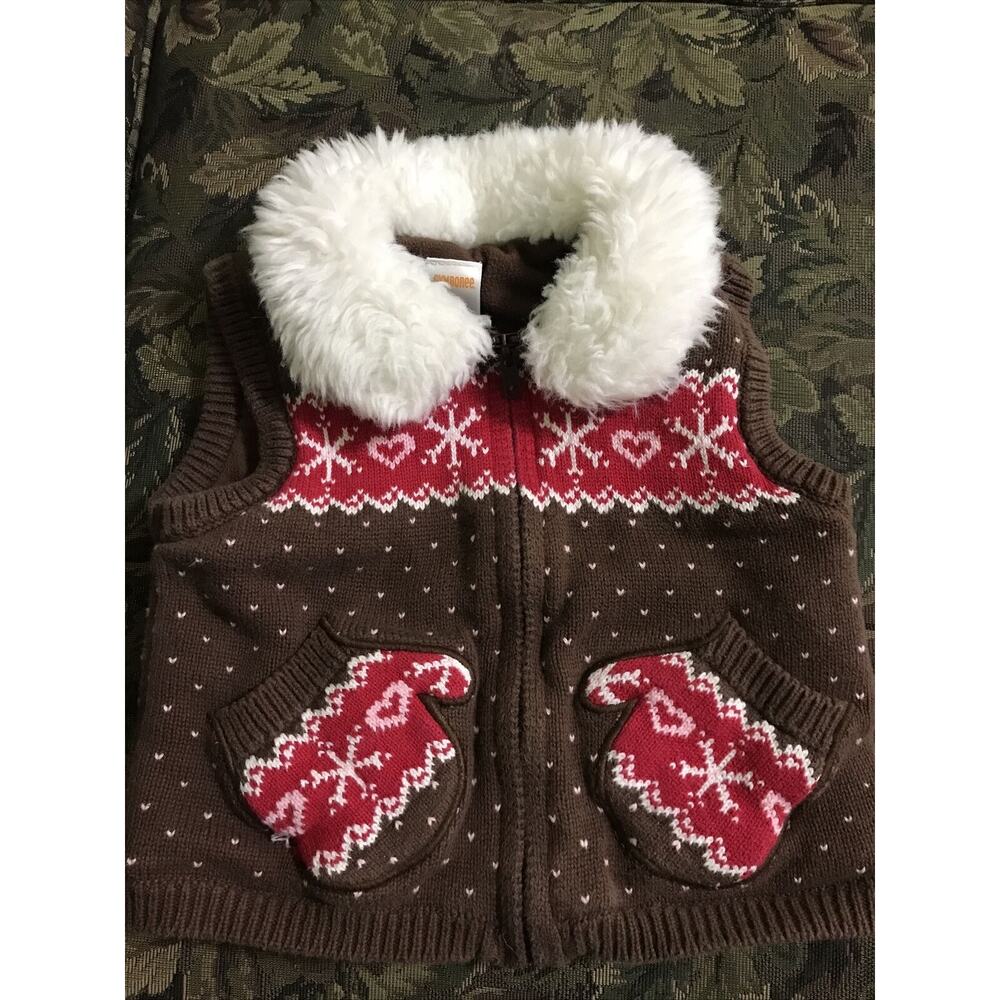 Gymboree Winter Cheer Brown Fair Isle Mitten Pocket Sweater Fur Collar Vest 2T